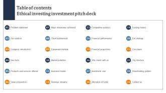 Table Of Contents Ethical Investing Investment Pitch Deck