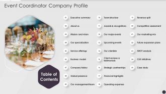 Table Of Contents Event Coordinator Company Profile Ppt Slides Graphics Template