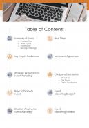 Table Of Contents Event Marketing One Pager Sample Example Document