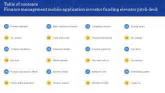 Table Of Contents Finance Management Mobile Application Investor Funding Elevator Pitch Deck