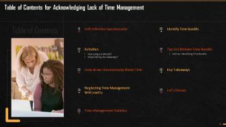 Table Of Contents For Acknowledging Lack Of Time Management Training Ppt