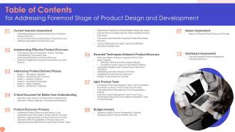 Table Of Contents For Addressing Foremost Stage Of Product Design And Development