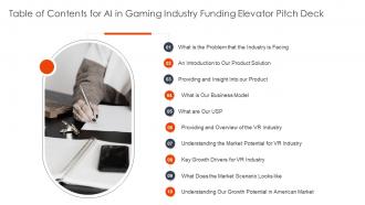 Table Of Contents For Ai In Gaming Industry Funding Elevator Pitch Deck