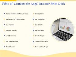 Table Of Contents For Angel Investor Pitch Deck Angel Investor Ppt Professional