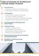 Table Of Contents For Architectural Concept Design Proposal One Pager Sample Example Document