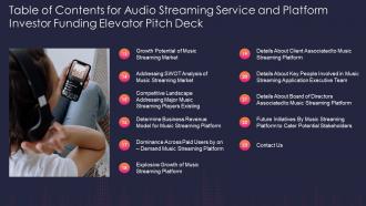 Table of contents for audio streaming service and platform investor funding elevator