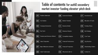 Table Of Contents For Auth0 Secondary Market Investor Funding Elevator Pitch Deck