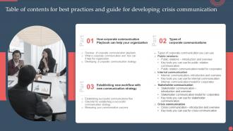 Table Of Contents For Best Practices And Guide For Developing Crisis Communication