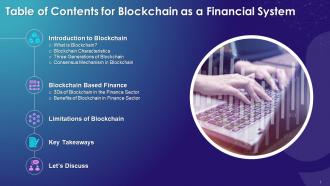 Table Of Contents For Blockchain As A Financial System Training Ppt