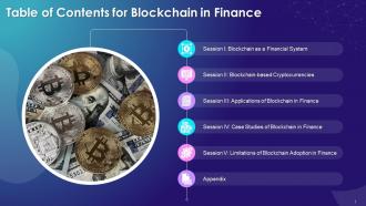 Table Of Contents For Blockchain Technology Applications In Finance Industry Training Ppt