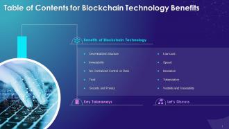 Table Of Contents For Blockchain Technology Benefits Training Ppt