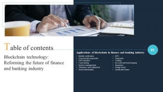 Table Of Contents For Blockchain Technology Reforming The Future Of Finance And Banking Industry BCT SS