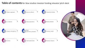 Table Of Contents For Blue Studios Investor Funding Elevator Pitch Deck