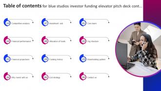 Table Of Contents For Blue Studios Investor Funding Elevator Pitch Deck Good Engaging