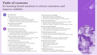 Table Of Contents For Boosting Brand Mentions To Attract Customers And Improve Visibility