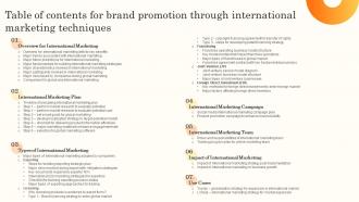 Table Of Contents For Brand Promotion Through International Marketing Techniques MKT SS V