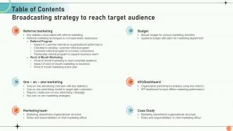 Table Of Contents For Broadcasting Strategy To Reach Target Audience Strategy SS V Impactful Pre-designed