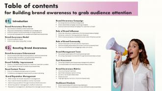Table Of Contents For Building Brand Awareness to Grab Audience Attention
