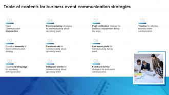 Table Of Contents For Business Event Communication Strategies Ppt Demonstration