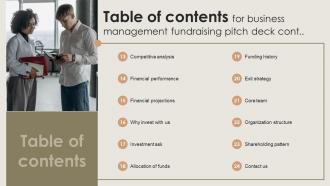 Table Of Contents For Business Management Fundraising Pitch Deck Unique Informative