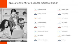 Table Of Contents For Business Model Of Reddit BMC SS