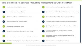 Table of contents for business productivity management software pitch deck ppt slides influencers