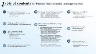 Table Of Contents For Business Transformation Management Plan Ppt Professional