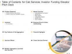 Table of contents for cab services investor funding elevator pitch deck ppt sample