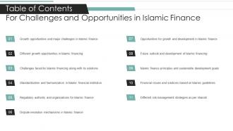 Table Of Contents For Challenges And Opportunities In Islamic Finance Fin SS