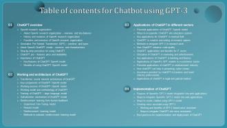 Table Of Contents For Chatbot Using Gpt 3