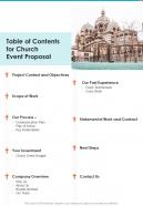 Table Of Contents For Church Event Proposal One Pager Sample Example Document