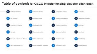 Table Of Contents For Cisco Investor Funding Elevator Pitch Deck