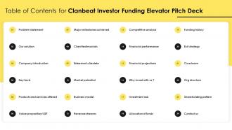 Table Of Contents For Clanbeat Investor Funding Elevator Pitch Deck
