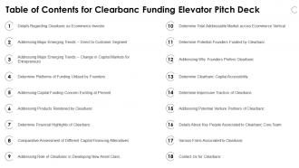Table of contents for clearbanc funding elevator pitch deck ppt slides templates