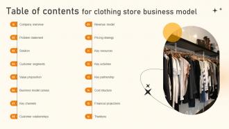 Table Of Contents For Clothing Store Business Model BMC SS V
