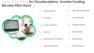 Table Of Contents For Cloudacademy Investor Funding Elevator Pitch Deck