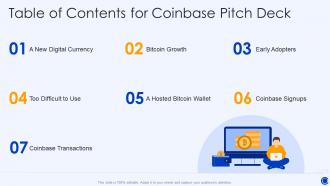 Table of contents for coinbase pitch deck ppt file show
