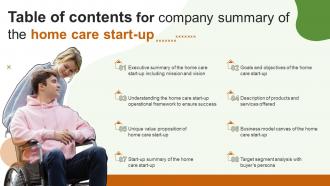 Table Of Contents For Company Summary Of The Home Care Start Up