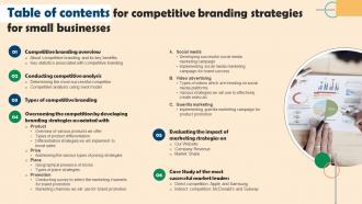 Table Of Contents For Competitive Branding Strategies For Small Businesses