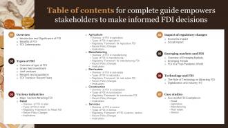 Table Of Contents For Complete Guide Empowers Stakeholders To Make Informed FDI Decisions