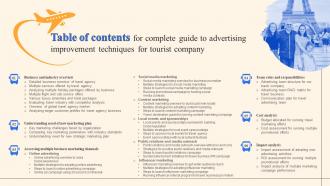 Table Of Contents For Complete Guide To Advertising Improvement Techniques For Tourist Company Strategy SS V