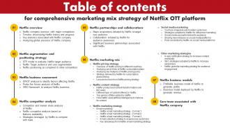 Table Of Contents For Comprehensive Marketing Mix Strategy Of Netflix OTT Platform Strategy SS V
