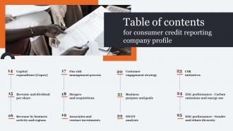 Table Of Contents For Consumer Credit Reporting Company Profile Cp SS V Informative Researched