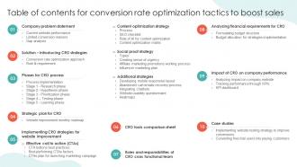 Table Of Contents For Conversion Rate Optimization Tactics To Boost Sales SA SS