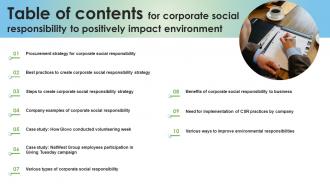 Table Of Contents For Corporate Social Responsibility To Positively Impact Environment Strategy SS