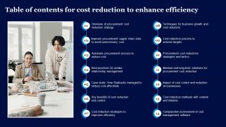 Table Of Contents For Cost Reduction To Enhance Efficiency Strategy SS