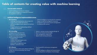 Table Of Contents For Creating Value With Machine Learning Ppt Icon Graphics Example