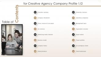 Table Of Contents For Creative Agency Company Profile Ppt Styles Background Images