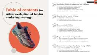 Table Of Contents For Critical Evaluation Of Adidas Marketing Strategy Strategy SS