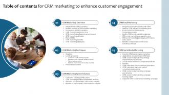 Table Of Contents For CRM Marketing To Enhance Customer Engagement MKT SS V
